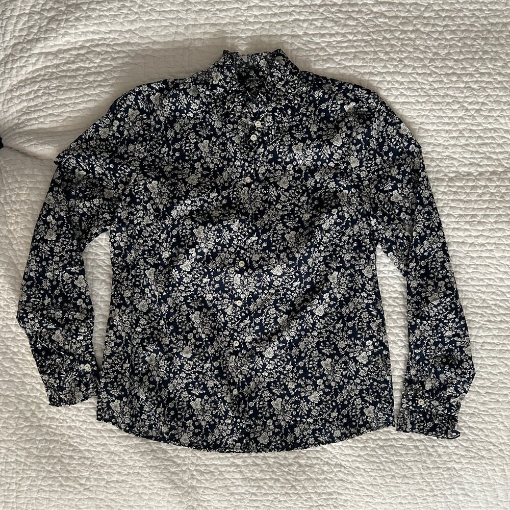 J. Crew Liberty Summer Bloom Classic fit Ruffle Shirt Navy White Size M NWT
